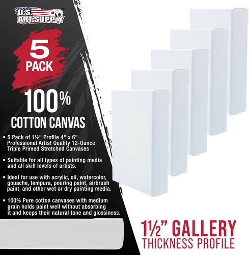 Miniatura 2 de U.S. Art Supply Paquete de 5 Bastidores estirados en masa para pintar 4 x 6 pulgadas de profundidad de galería, perfil de 1-1/2" - Calidad