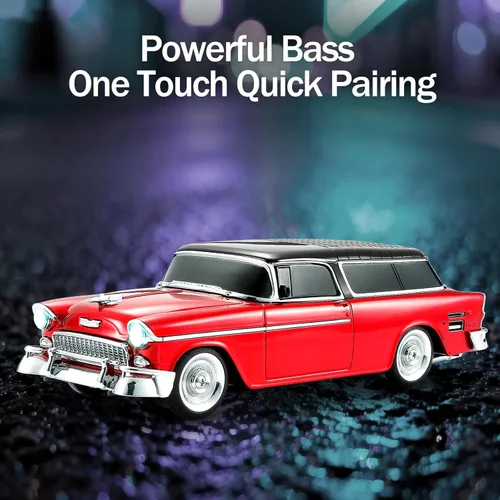 Miniatura 4 de Altavoz Bluetooth retro clásico modelo de automóvil con luz ambiental LED, emparejamiento estéreo TWS, ruedas móviles, sonido HD, altavoz Rojo