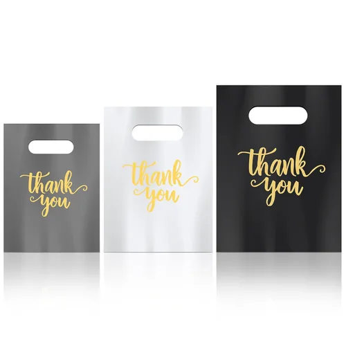 Miniatura 10 de Eersida 200 bolsas de plástico de agradecimiento con asas, bolsas de plástico troqueladas, bolsas de mercancía de compras a granel, 3 tamaños, Negro