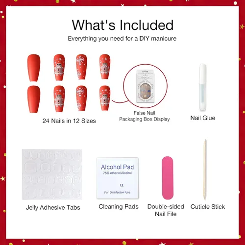 Miniatura 5 de Año Nuevo Navidad Prensa en Uñas Largas Ataúd Acrílico Uñas Falsas Kit Navidad Copo de Nieve Decoración de Uñas Falsas Bailarina Uñas Falsas Puntas