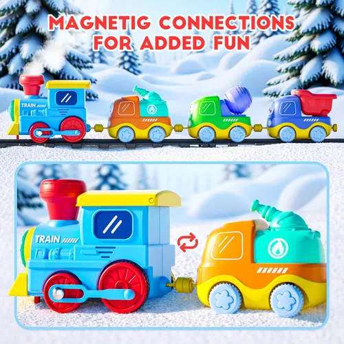Miniatura 5 de Juego de Tren de Vapor Funwee para Niños Pequeños, Juguetes de Tren con Conexión Magnética y Luces y Sonidos, Tren Eléctrico de Dibujos Animados