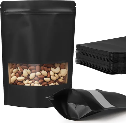 100 bolsas de papel kraft negro con ventana, bolsas de pie de 3.5 x 5.5 pulgadas, bolsas de almacenamiento de alimentos para productos de embalaje,