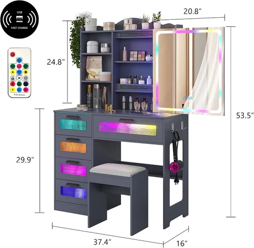 Miniatura 2 de HNEBC Escritorio de tocador con espejo deslizante y luces LED, tocador RGB con estación de carga, tocador de maquillaje con control remoto, tocador