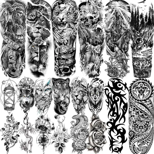 VANTATY 20 hojas de tatuajes temporales extra grandes de brazo completo para hombres adultos, manga de tatuajes temporales de tigre, serpiente,