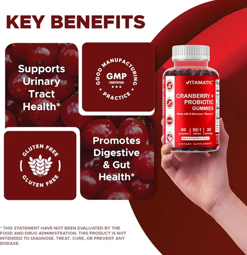 Miniatura 4 de Vitamatic Paquete de 2 Gomitas Veganas de Arándano Rojo con D-Manosa, Probiótico y Vitamina C para la Salud del Tracto Urinario Femenino