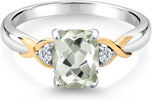 Miniatura 52 de Gem Stone King Anillo de compromiso de 3 piedras preciosas de plata 925 y oro amarillo de 10 quilates de 0.315 x 0.236 in de talla cojín y diamante