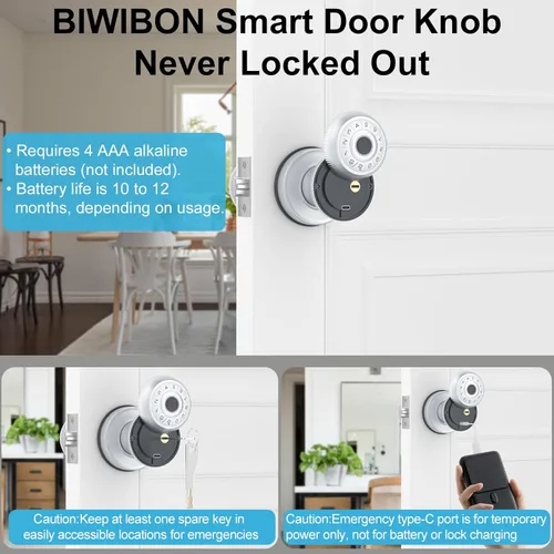 Miniatura 5 de BIWIBON Pomo de puerta inteligente 4 en 1, perilla de puerta de huellas dactilares con control de aplicación, cerradura inteligente de puerta