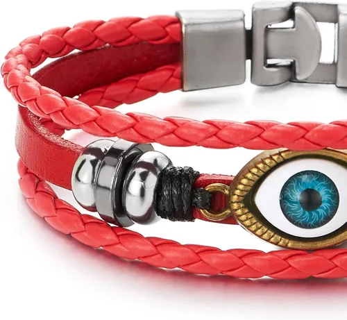 Miniatura 4 de COOLSTEELANDBEYOND Pulsera de tres filas de cuentas de cuero contra el mal de ojo para hombre y mujer