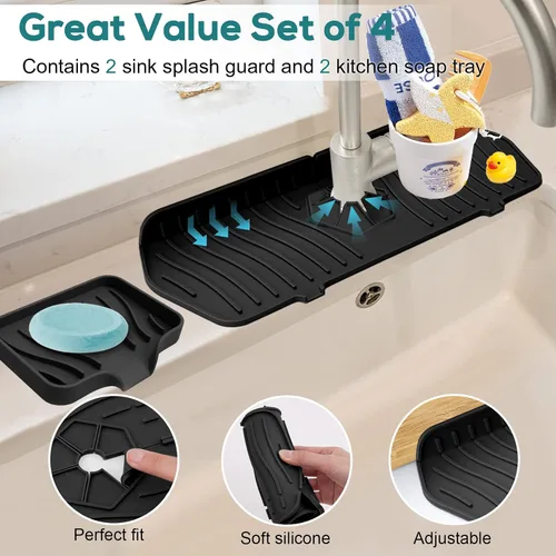 Miniatura 3 de Protector contra salpicaduras para fregadero de cocina y bandeja de jabón, tapete protector de silicona para grifo, soporte de esponja con boquilla