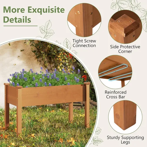 Miniatura 6 de HAPPYGRILL - Cama de jardín elevada, caja de jardín de madera para exteriores con patas, agujeros de drenaje, tela de revestimiento de jardín negra