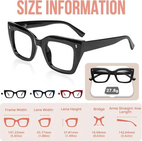 Miniatura 5 de Gafas de lectura de gran tamaño para mujer, lectores gruesos de ojo de gato con bisagras de resorte 1.0 1.25 1.5 1.75 2.0 a 4.0 Negro