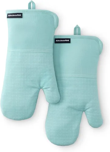 Miniatura 9 de KITCHENAID Gourmet Series Gridlines - Juego de 2 guantes de horno resistentes al calor hasta 600 °F, agarre de silicona suave, puño magnético, verde