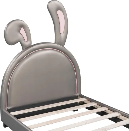 Miniatura 7 de Bonita cama tapizada de cuero con adorno de conejo, cama de plataforma de tamaño individual con cabecero y listones de madera, adecuada para niños