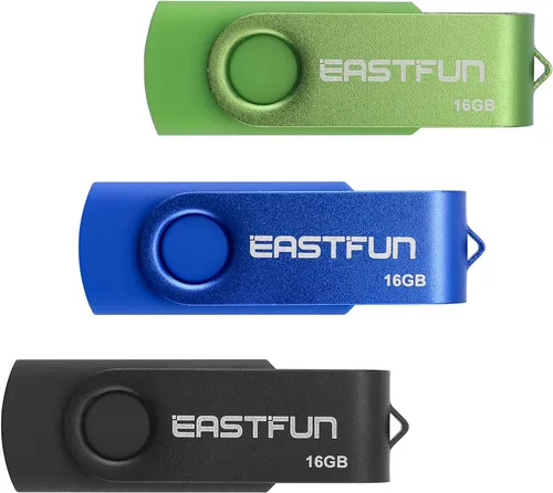 EASTFUN 3 unidades de memoria USB 2.0 de 16 GB, diseño giratorio, mezcla de colores (negro, azul y verde)