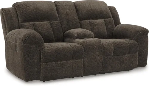 Signature Design by Ashley Frohn - Sofá biplaza reclinable doble manual moderno con consola, almacenamiento y portavasos, color marrón oscuro Gris