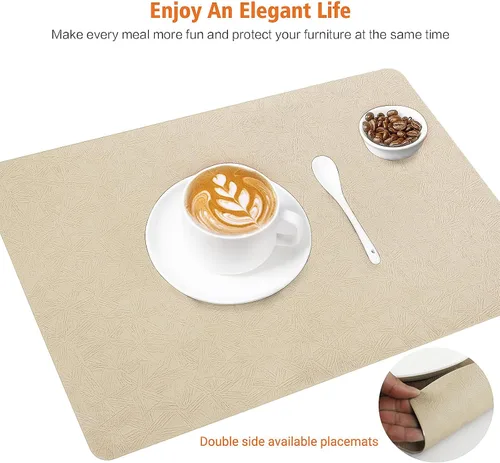 Miniatura 2 de Juego de 4 manteles individuales de vinilo, resistentes al calor, fáciles de limpiar, antideslizantes, para mesa de comedor, piel sintética, Beige