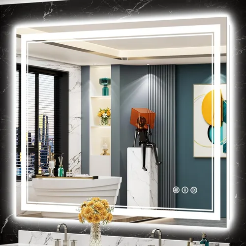 Miniatura 61 de 30x36 Espejo de baño LED con luces, retroiluminado y luz frontal, espejo de tocador iluminado antivaho para pared de baño, 3 colores, regulable