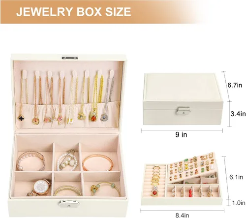 Miniatura 6 de Joyero organizador para mujeres y niñas, 2 capas de cuero, estuche de almacenamiento de joyas de viaje con cerradura y bandeja extraíble