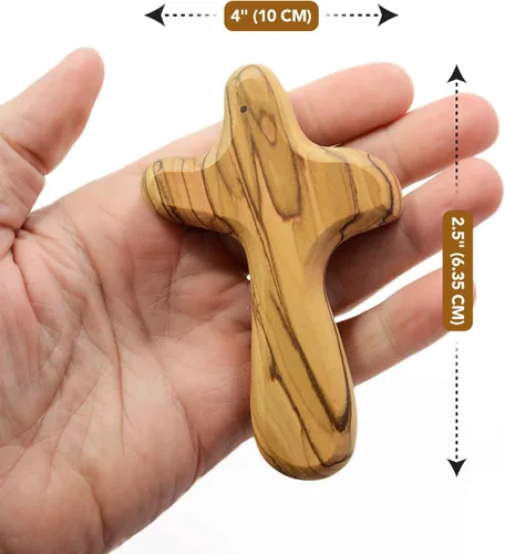 Miniatura 2 de Cruz de 10.16 cm de madera de olivo para sujetar en la mano de Belén en bolsa (certificada) - Fina cruz de madera para orar y confort, cruz de palma
