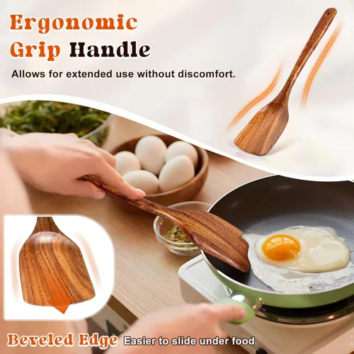 Miniatura 2 de Juego de 2 espátulas de madera, espátula turner sólida y ranurada de acacia, espátulas planas de freír con mango largo, regalo de cocina ideal