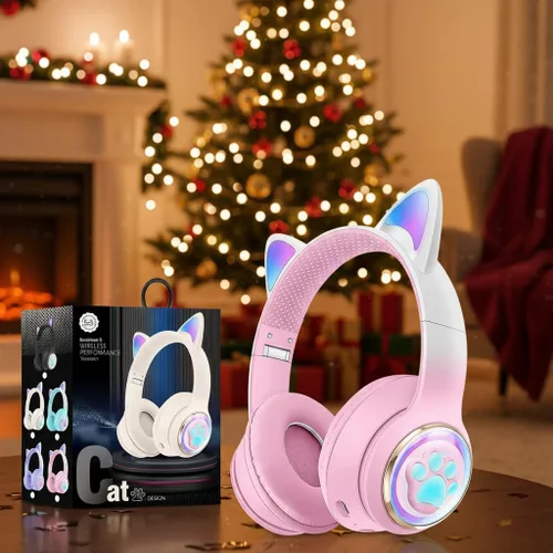 Miniatura 14 de Auriculares Bluetooth con cancelación de ruido para niños, auriculares plegables con forma de orejas de gato y luz LED, auriculares con orejas