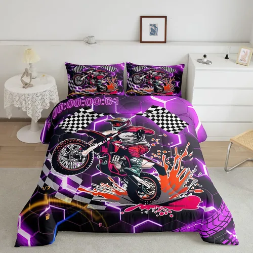 Miniatura 29 de Erosebridal Juego de edredón individual de motocicleta de carreras para niños, juego de ropa de cama de panal con luces de neón azules, motocross