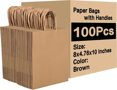 Miniatura 9 de Brothersbox Bolsas de regalo marrones con asas, 100 unidades, 8 * 4.76 * 10 pulgadas, bolsas de papel kraft medianas a granel para manualidades
