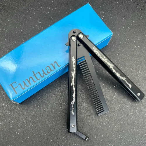 Miniatura 6 de cuchillo mariposa de acero inoxidable con tótem de dragón, entrenador con peine (negro)