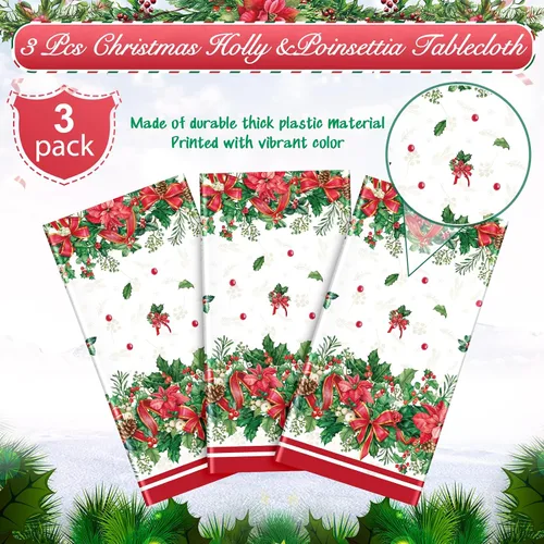 Miniatura 4 de 3 manteles navideños de acebo y flor de pascua, manteles desechables rectangulares de plástico con diseño de bayas de acebo y listón rojo, cubiertas