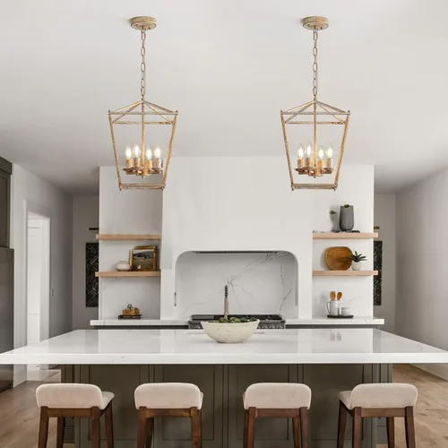 Miniatura 5 de Lámparas de Linterna Rústicas de Araña de 4 Luces, Lámparas Colgantes de Techo de Jaula en Negro y Oro, Lámparas Colgantes para Isla de Cocina