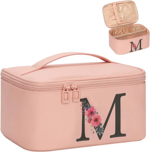 Miniatura 25 de OCHEAL Bolsa de maquillaje personalizada, bolsa de maquillaje beige para mujer, kit de aseo de viaje con monograma, organizador de cosméticos listo