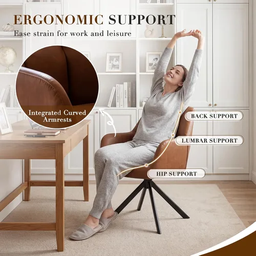 Miniatura 3 de EALSON Cómoda silla de escritorio de cuero, moderna silla de trabajo para computadora, sin ruedas, silla giratoria con brazo de respaldo medio