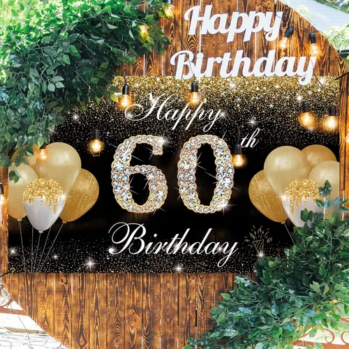 Miniatura 6 de Decoraciones de feliz cumpleaños 60 para hombres y mujeres – Cartel de fondo de cumpleaños 60 negro y dorado, cartel de patio, accesorios de cabina