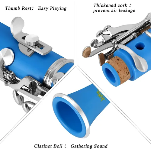 Miniatura 5 de Clarinete BB para estudiantes principiantes Clarinete plano B Clarinete de 17 teclas con correa de soporte de estuche, 2 barriles, 8 boquillas, Azul