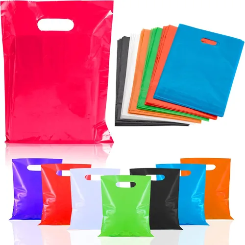 Playbees Bolsas de plástico pequeñas de colores brillantes con asas troqueladas en varios colores, paquete de 50 bolsas de comestibles de 8.75 x 12