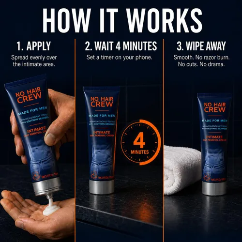 Miniatura 4 de No Hair Crew Crema depilatoria íntima/privada en casa para hombres, sin dolor, impecable, calmante para cabello corporal masculino grueso