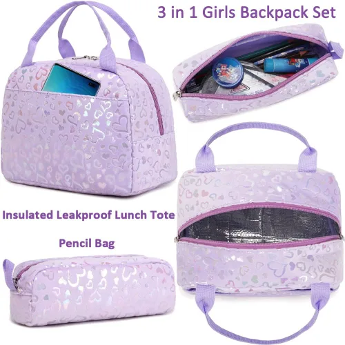 Miniatura 43 de Juego de mochila para niñas y adolescentes, mochila escolar para niños con bolsa para el almuerzo, estuche para lápices, mochilas escolares