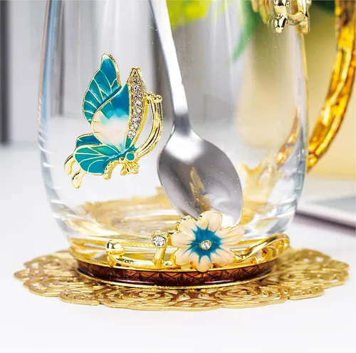 Miniatura 8 de Taza de té con flores, taza de café de vidrio con mariposa y margarita, con cuchara, caja de regalo para su mamá, esposa, abuela, niñas, amigas