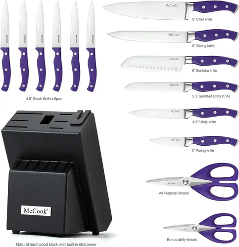 Miniatura 2 de McCook FDA Juego de cuchillos de cocina de acero inoxidable con bloque de madera y tijeras de cocina multiusos Púrpura/Negro
