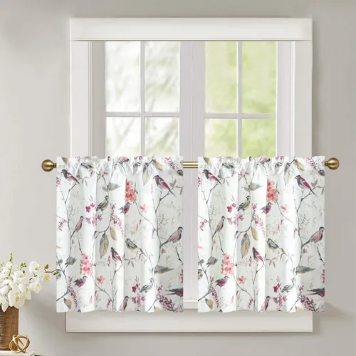 Miniatura 30 de Leeva - Cortinas pequeñas con estampado de pájaros, 24 pulgadas de largo, conjunto de paneles para ventanas, diseño de estampado de pájaros
