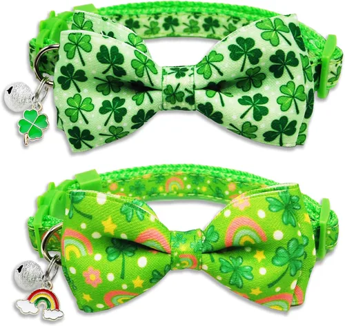 Miniatura 8 de Paquete de 2 collares de pajarita de gato de Navidad con campana, juego de collar ajustable festivo con dijes de árbol y campana, patrones de Papá