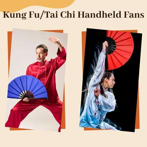 Miniatura 4 de Juego de 8 abanicos plegables grandes para baile de línea y estallido, ventiladores de mano con mangas de abanico, ventilador chino de Kung Fu