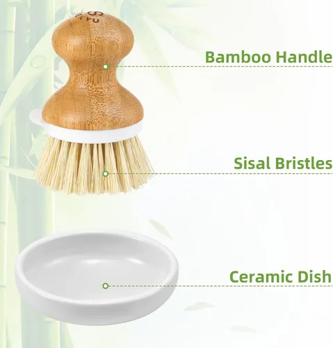 Miniatura 5 de SUBEKYU Cepillo para platos de bambú, cepillo para lavar platos de cocina, cepillo de madera natural para limpiar platos, sartenes/ollas, raspador 1
