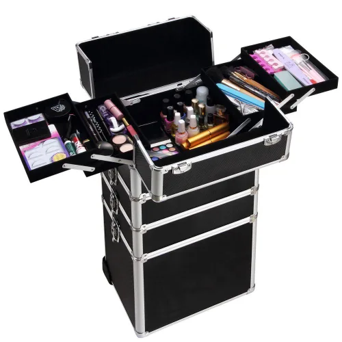 Miniatura 2 de Estuche de maquillaje profesional 4 en 1 con asa de elevación, estuche de aluminio para cosméticos, estuche de maquillaje rodante, carrito