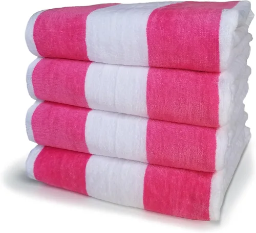 Royal Comfort Cabana - Toallas de playa a rayas de 30 x 60 pulgadas, paquete de 4 unidades (rosa neón / blanco) terciopelo de rizo de 11.7 libras