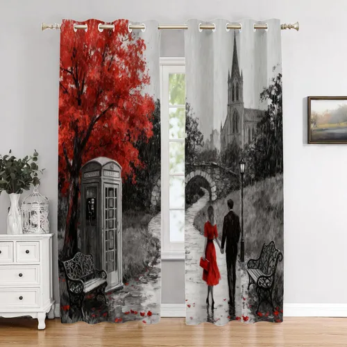 Miniatura 48 de Cortinas opacas de cocina con pintura al óleo de Europa rosa y negra para ventanas, cenefas opacas modernas de torre Eiffel de poliéster multicapa