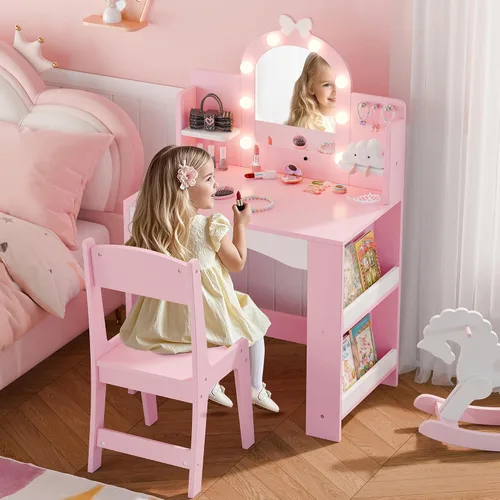 Miniatura 3 de MU Tocador infantil con luces, juego de mesa y silla de maquillaje de princesa para niñas, escritorio de tocador para niños pequeños con estantería