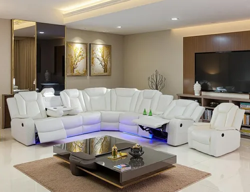 Miniatura 20 de Juegos de Muebles para Sala de Estar, Juego de Sofá Reclinable Eléctrico, Cuero Blanco Vainilla, Seccional de 2 Reclinables con Luz LED