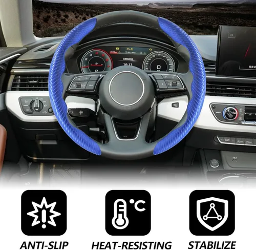 Miniatura 4 de 2 fundas de volante de fibra de carbono de ajuste universal, antideslizante, protector de volante segmentado, accesorios interiores de automóvil Azul