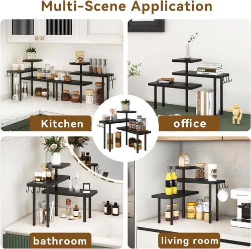 Miniatura 7 de IBUYKE Organizador de encimera, estantes de especias de 3 niveles, estante de esquina de encimera de cocina, 4 ganchos laterales, estante ajustable